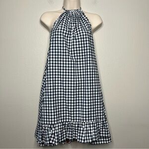 Sundress Women Dress‎ M/L Black White Gingham Plaid Halter Neck Pom Pop Tassels